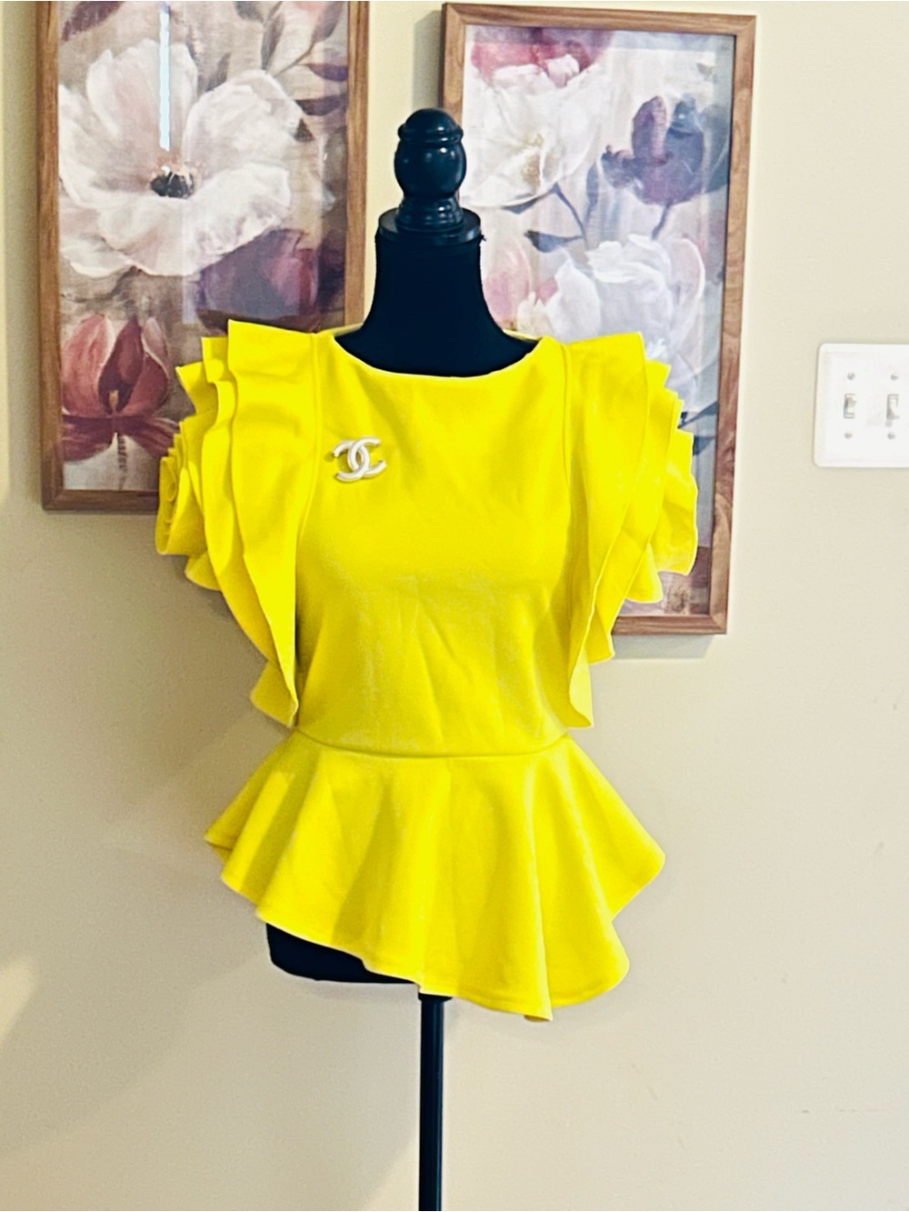 Yellow Ruffle Sleeve Peplum Blouse